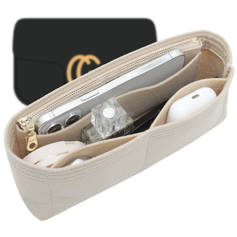 OAikor Felt Small Insert Purse Organizer with Zipper Compatible with GG Small Marmont Insert Matelasse Shoulder Bag and More, Mini Handbag Organizer Pouch for Women Inner Bladder Bag (Beige, S) - Image 1